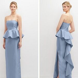 ALFRED SUNG Strapless Peplum Gown in Dusty Blue